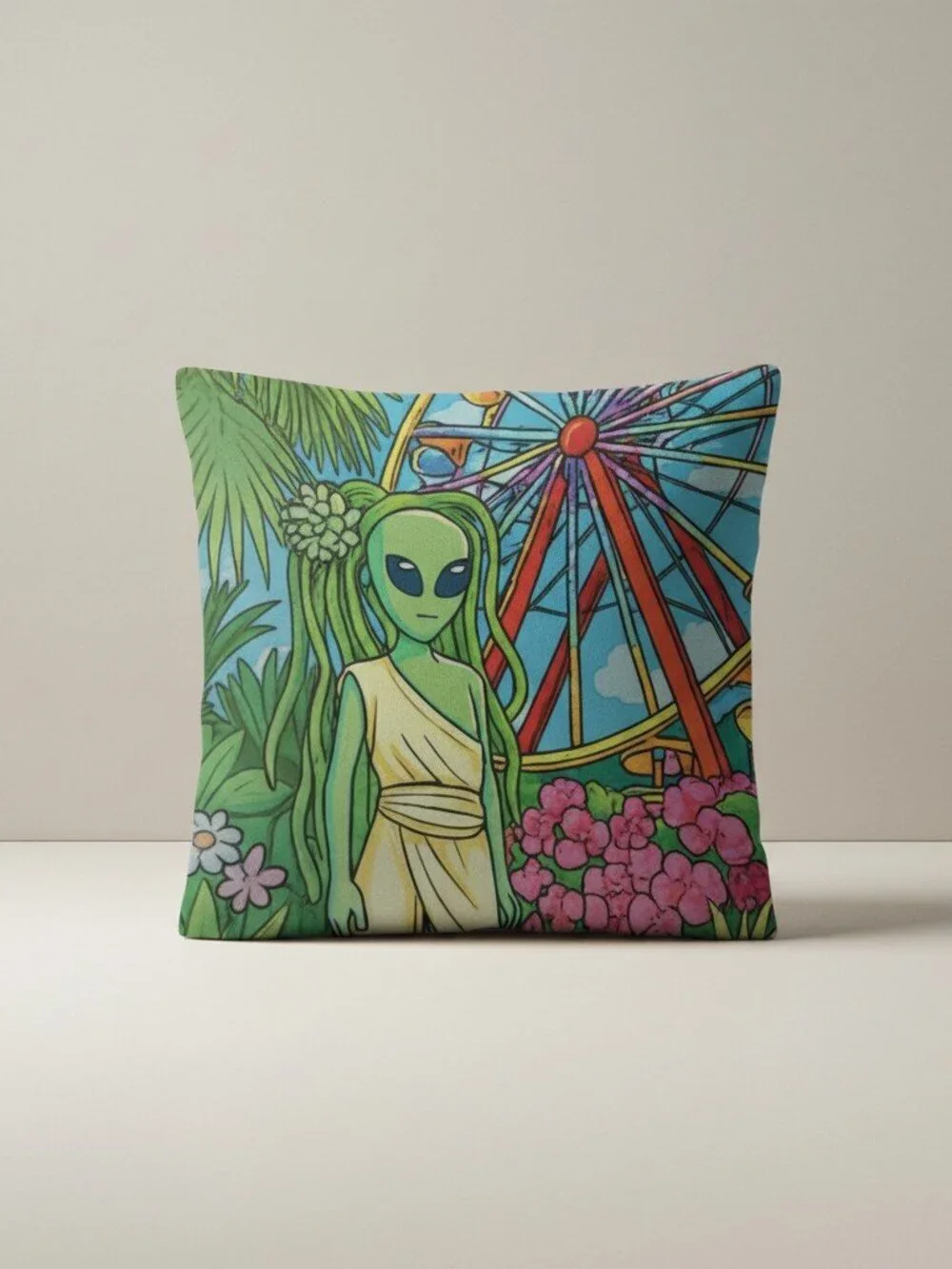 Alien Goddess at the Carnival Cushion Cover | Psychedelic Tropical Fantasy Throw